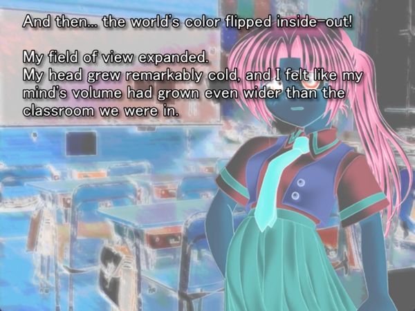 still image from the original higurashi novel. mion is standing in the classroom looking concerned but all of the colors have been completely inverted suddenly which gives the image a very surreal and scary appearance. Keiichi thinks to himself “And then… the world’s color flipped inside-out! My field of view expanded. My head grew remarkably cold, and I felt like my mind’s volume had grown even wider than the classroom we were in.”