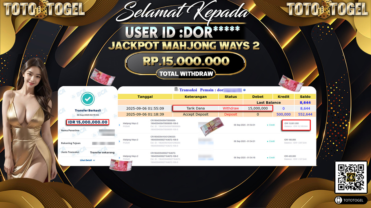 Bukti Pembayaran Jackpot Permainan Slot Mahjong Ways 2 ID:DOR***** LUNAS