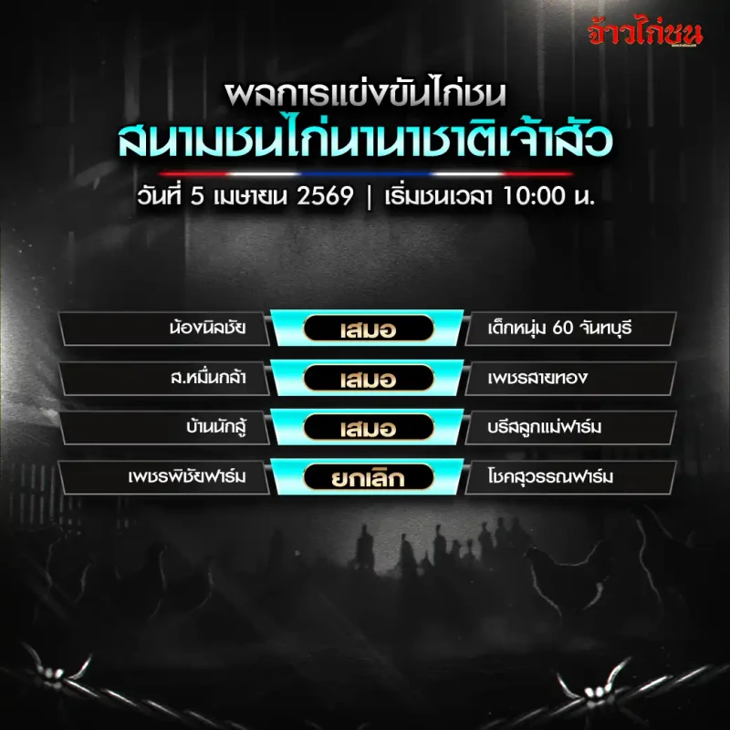 สรุปผลไก่ชน สนามชนไก่นานาชาติเจ้าสัว วันที่ 5 เมษายน 2569