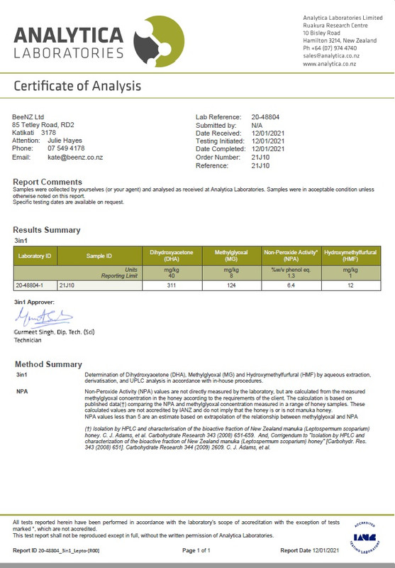 2021.02 beenz manuka honig 3in1 zertifikat Los 21J10 englisch