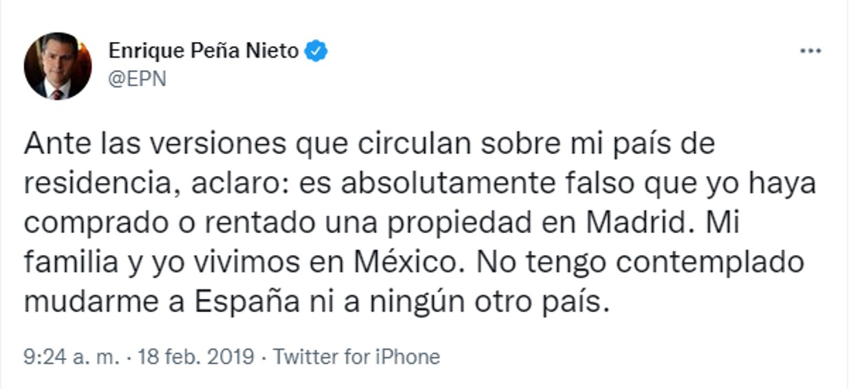 “No tengo contemplado mudarme a España”, reviven polémico tuit de Peña Nieto