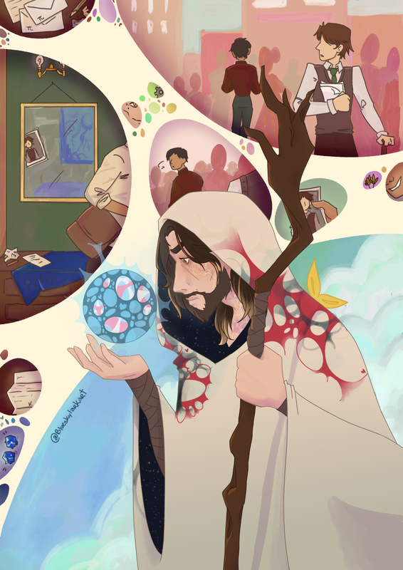 Illustration of Mage Viktor holding the anomaly. Around him, there are scenes of the timeline he's watching.