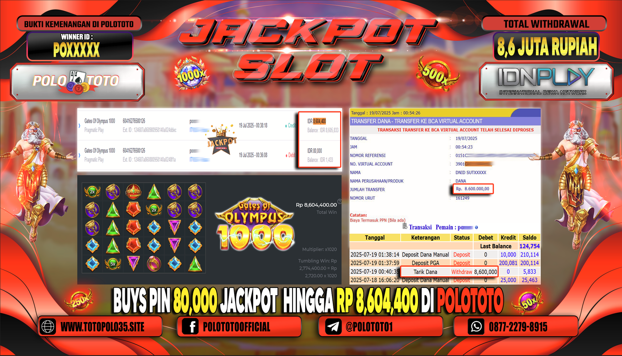 POLOTOTO JACKPOT SLOT GATES OF OLYMPUS 1000 Rp.8.600.000,- LUNAS