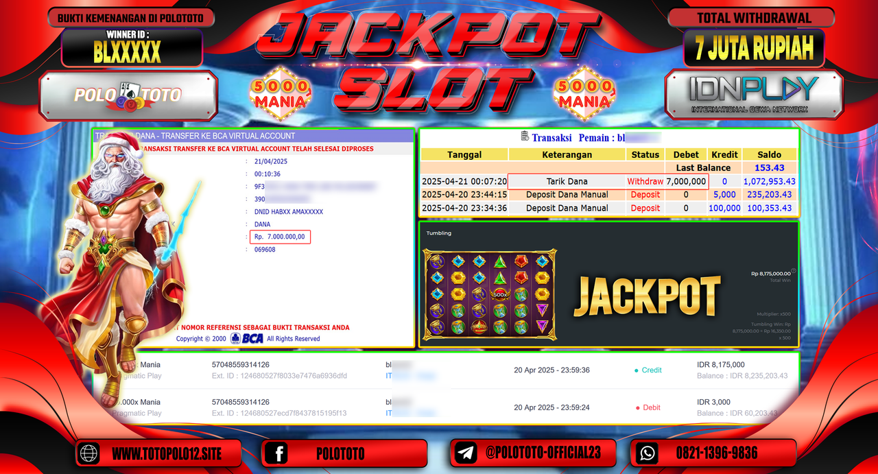 POLOTOTO JACKPOT SLOT 15.000X MANIA Rp.7.000.000,-