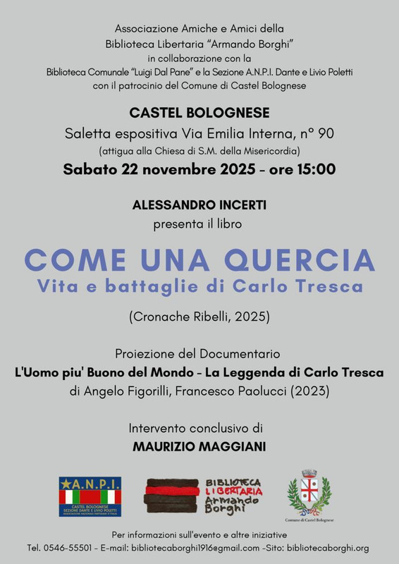 Carlo Tresca tra libro e documentario: l’evento del 22 novembre 2025