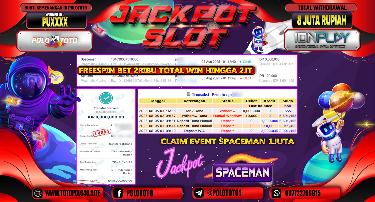 POLOTOTO JACKPOT SLOT SPACEMAN Rp.8.000.000,-LUNAS