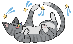 a pixel style drawing of Peony, a gray tabby not-cat with a white belly, paws, and tail type in a rainbow mustache, laying on his back and batting at shooting stars. cat ID 109397