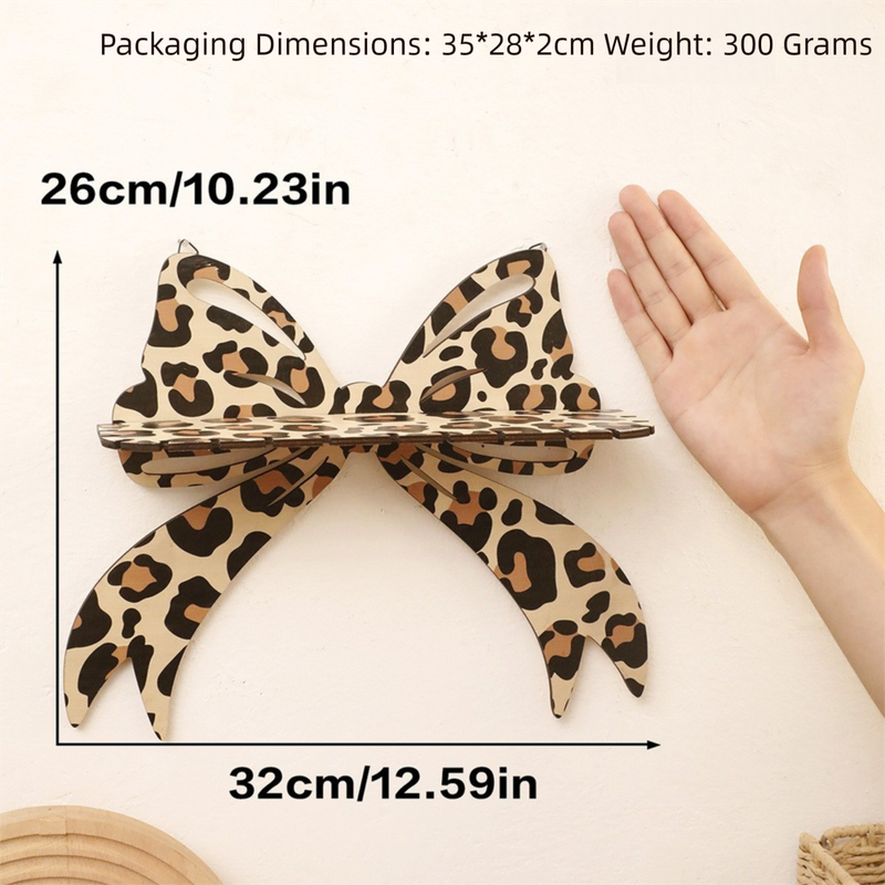 Brown Style B Leopard Print Bow Wall Shelf - Decorative Wooden Floating Storage Rack for Bedroom & Living Room