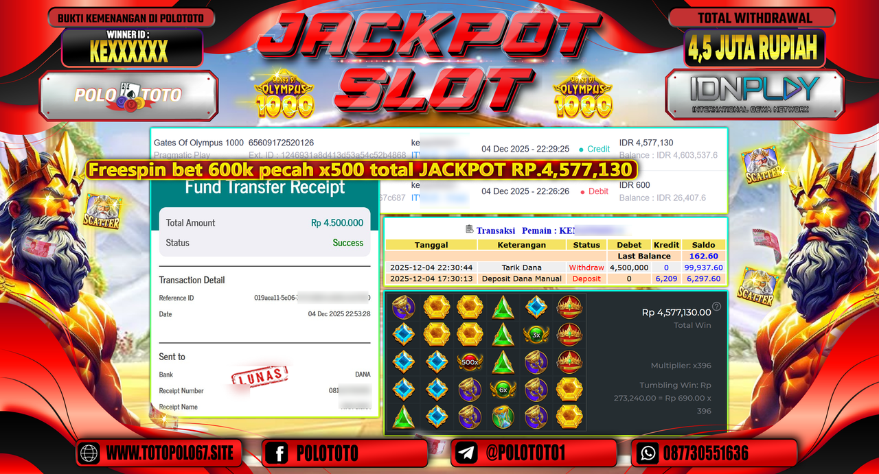 POLOTOTO JACKPOT SLOT GATES OF OLYMPUS 1000 Rp.4.500.000,- LUNAS