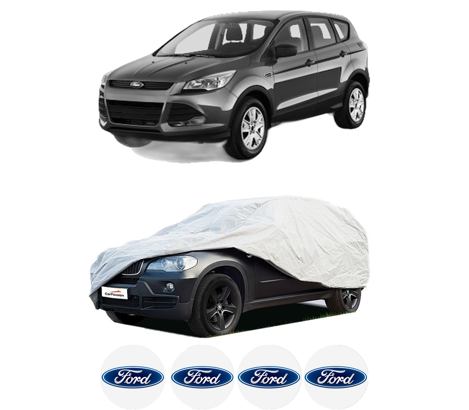 Husa tip prelata auto pentru FORD KUGA II VAN din 2014-2019, Culoare Gri, material textil impermeabil, rezistanta la intemperii praf UV, CARPASSION Husa Protectie, 4 Stickere auto cu FORD