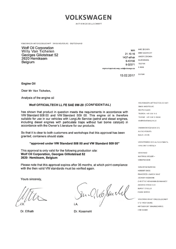 WOLF OFFICIAL TECH 0W20 LL FE_Approbation par VW