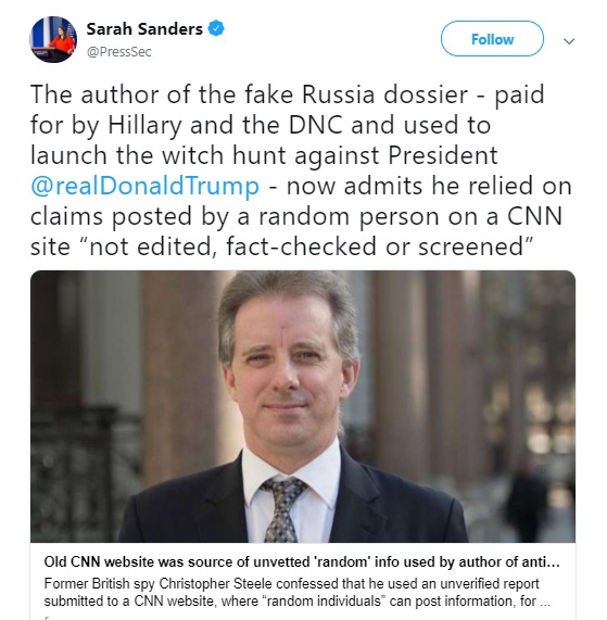 The author of the fake Russia dossier - paid for by Hillary and the DNC and used to launch the witch hunt against President @realDonaldTrump - now admits he relied on claims posted by a random person on a CNN site not edited, fact-checked or screened