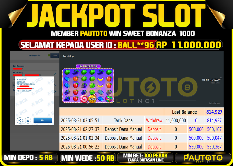 BUKTI PEMBAYARAN TGL 20 AGUSTUS 2025 MENANG DI PERMAINAN SWEET BONANZA 1000 TOTAL WD 11 JUTA