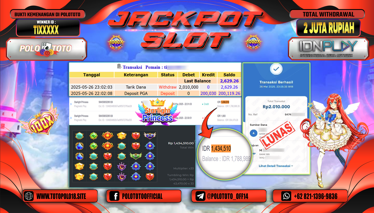 POLOTOTO JACKPOT SLOT STARLIGHT PRINCESS Rp.2.010.000,-