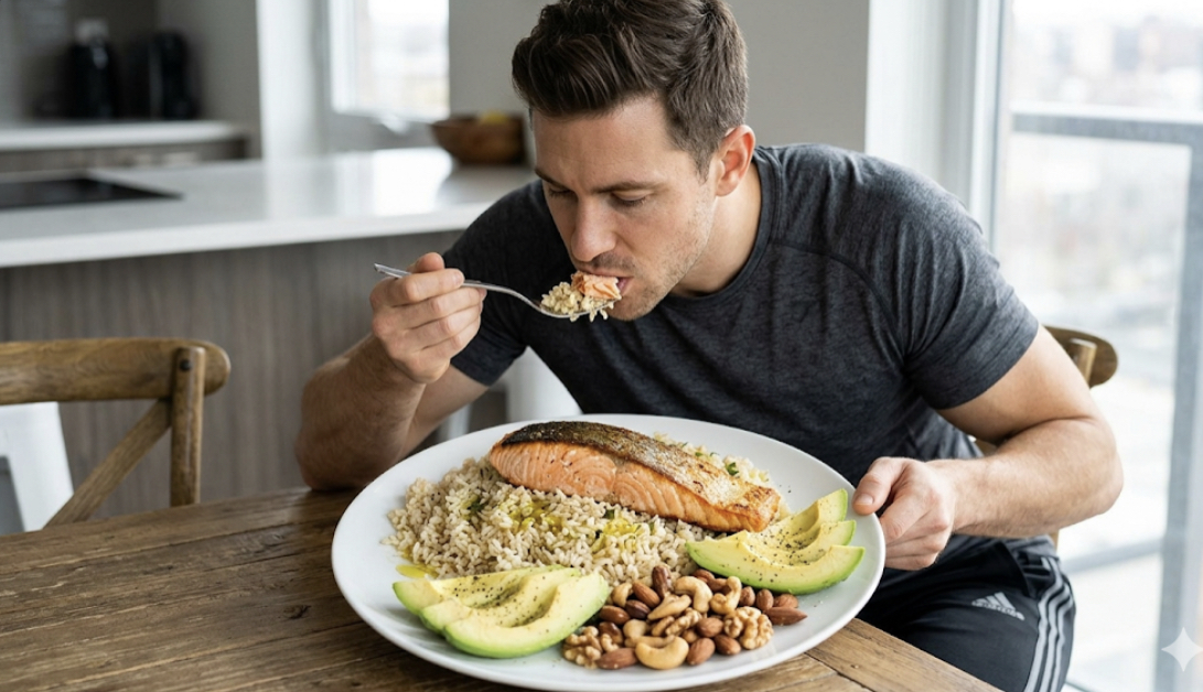 High-calorie meal plate with salmon, rice with olive oil, avocado slices, and nuts for healthy weight gain
