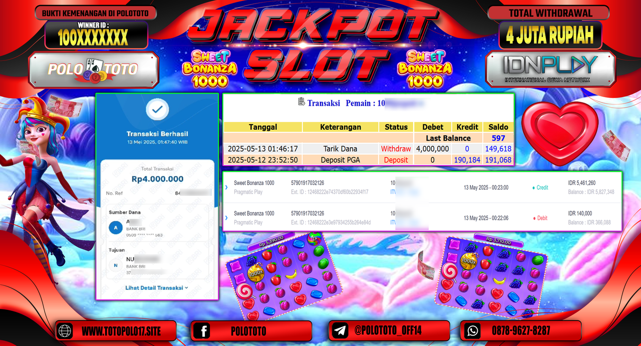 POLOTOTO JACKPOT SLOT SWEET BONANZA 1000 Rp.4.000.000,-