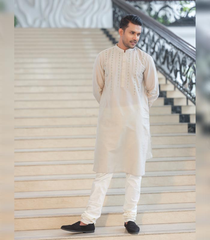 Men’s Exclusive Punjab & Pajama : Cream Leaf Design