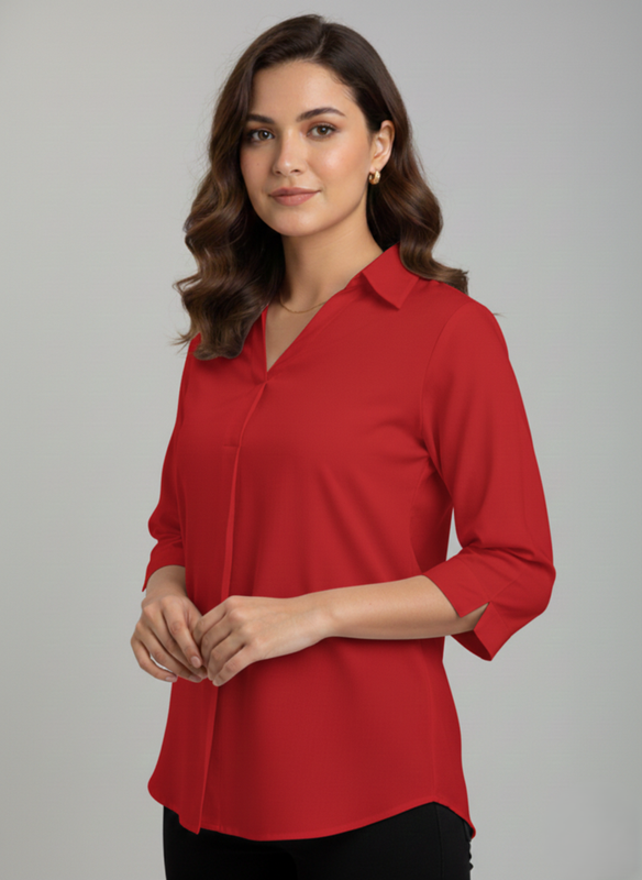 Women Casual Hemline Shirt Red 4