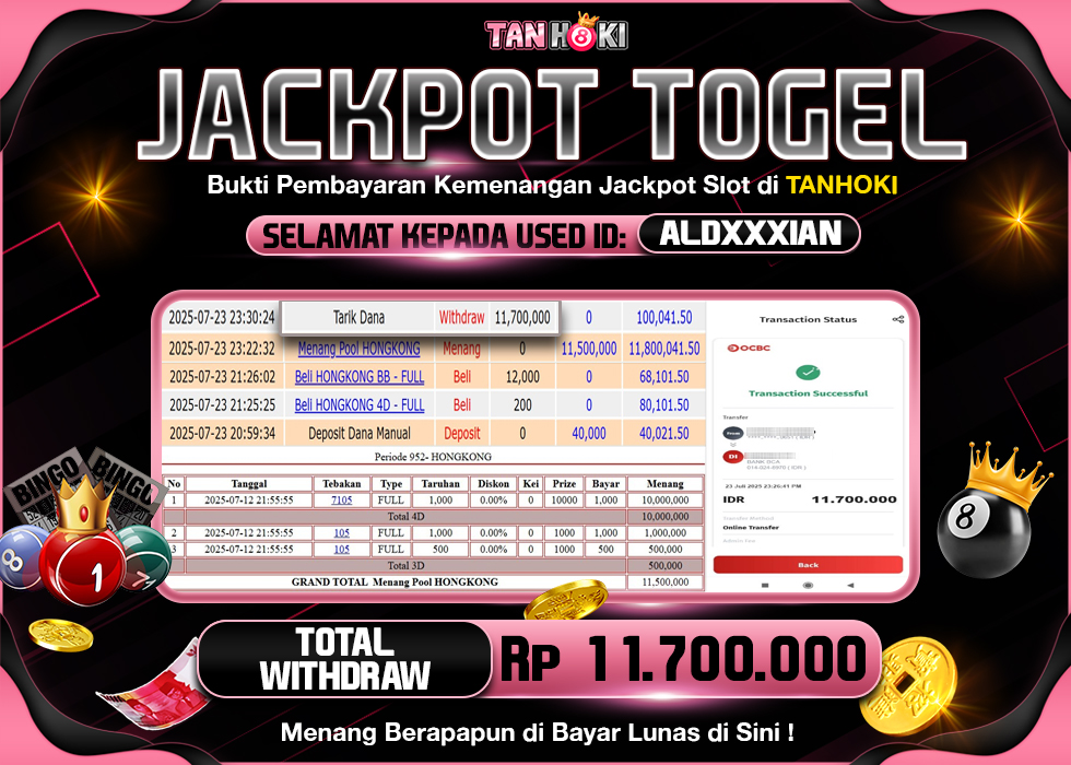 TANHOKI JACKPOT HONGKONG LOTTO Rp.11.700.000,- LUNAS
