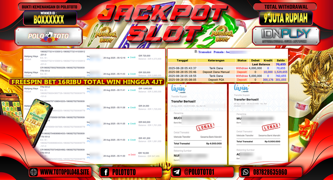 POLOTOTO JACKPOT SLOT MAHJONG WAYS Rp.9.000.000,- LUNAS