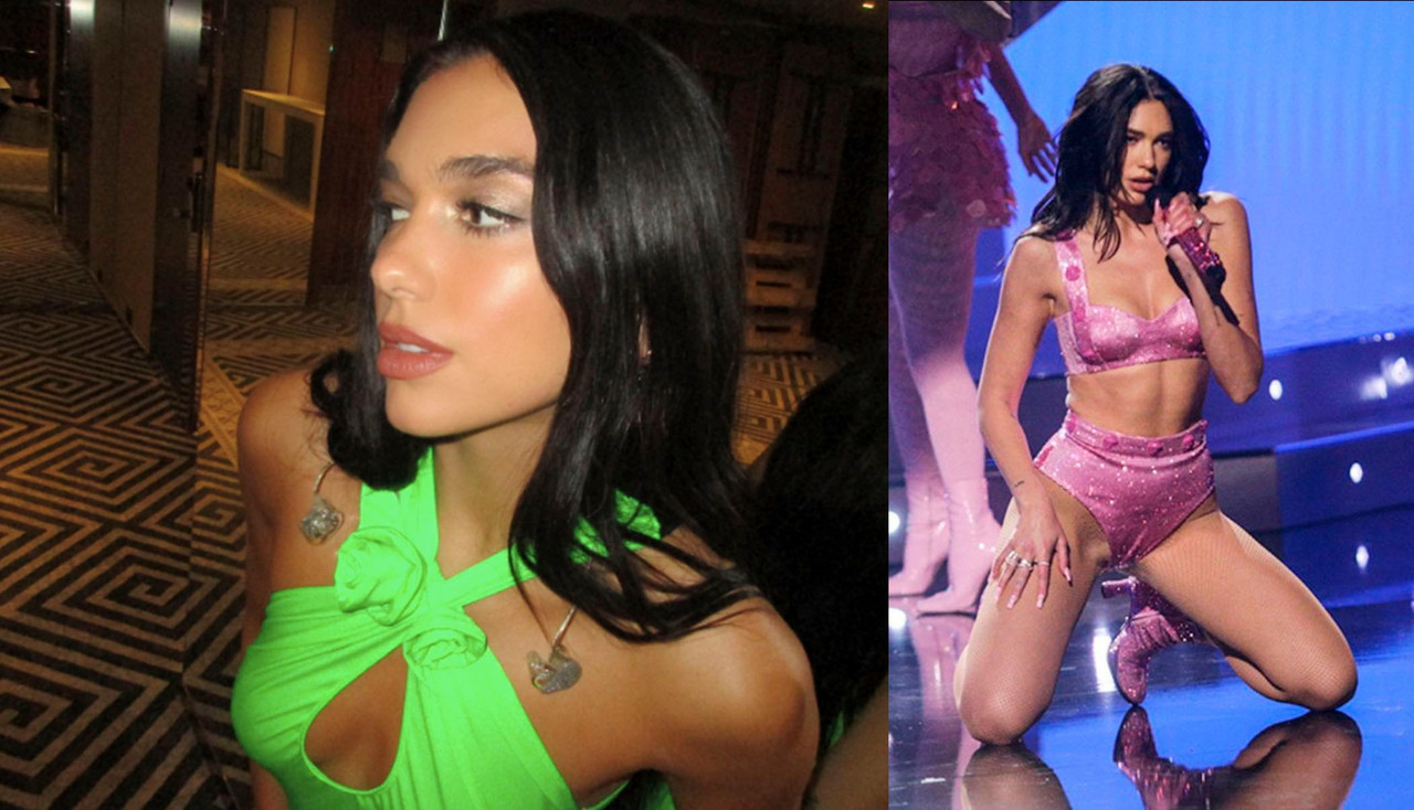 Dua Lipa luce tonificado cuerpo con body transparente