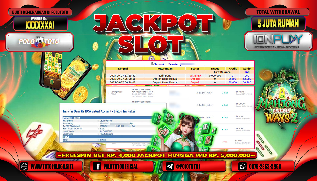 POLOTOTO JACKPOT SLOT MAHJONG WAYS 2 Rp.5.000.000,- LUNAS