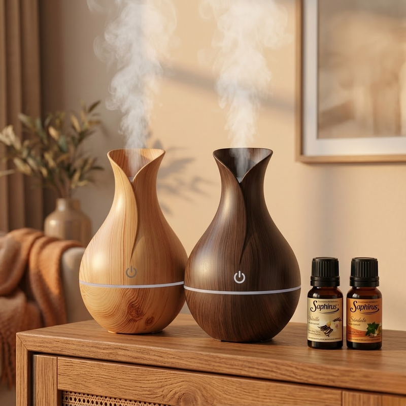 Dos humidificadores simil madera en mueble de living