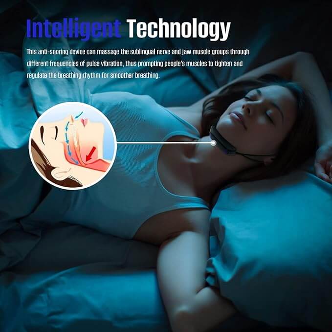 Persona durmiendo plácidamente con el dispositivo antirronquidos colocado.