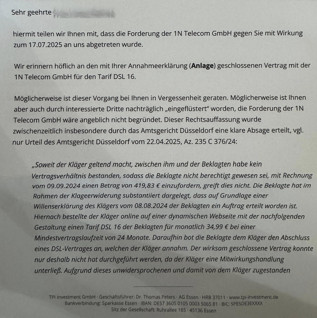 Schreiben der TPI Investment GmbH