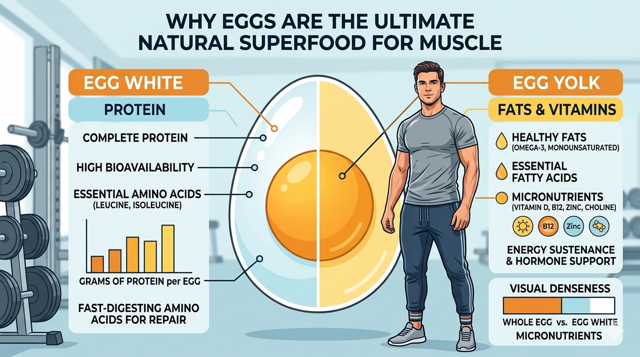 Diagram showing nutrient composition of whole egg including protein in white and fats/vitamins in yolk for why eggs are the ultimate natural superfood for muscle