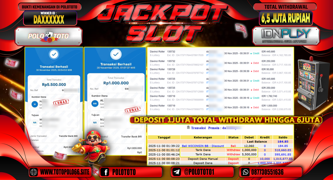 POLOTOTO JACKPOT SLOT DAVINCI ROLLER Rp.6.500.000,- LUNAS