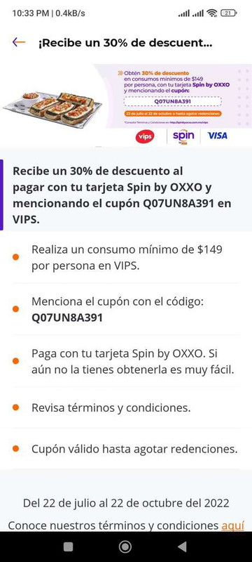 Vips: 30% de descuento pagando con tarjeta Spin by Oxxo 
