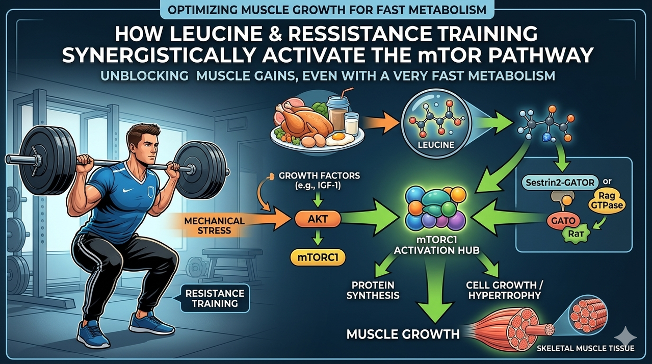 Infographic diagram of mTOR activation pathway with leucine and resistance training for how to gain muscle if you have a very fast metabolism