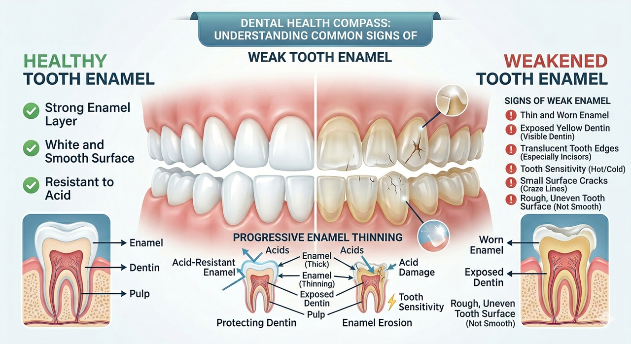 Signs of Weak Tooth Enamel Common signs of weak tooth enamel including sensitivity yellow teeth and transparent edges