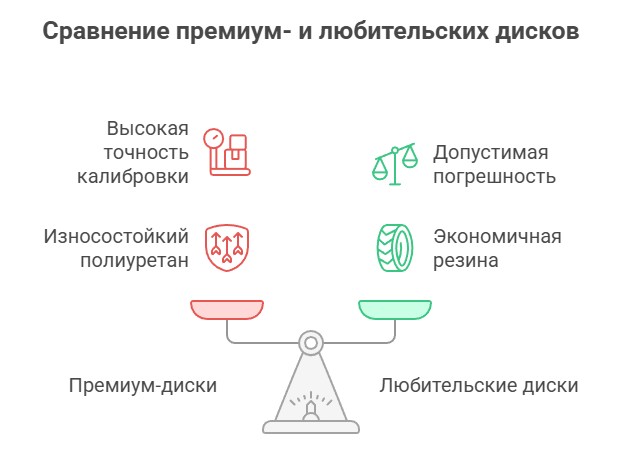 Инфографика - сравнение дисков для штанги - премиум класса и любительских блинов