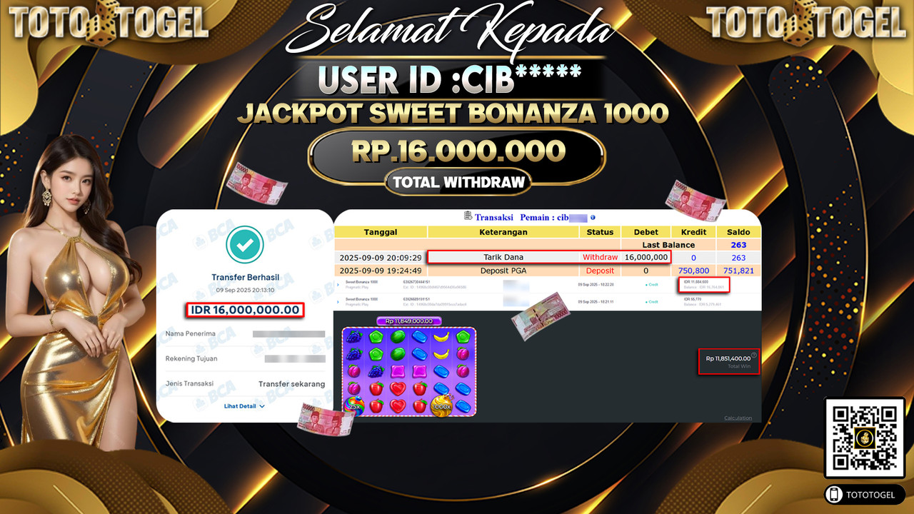 Bukti Pembayaran Jackpot Permainan Slot Sweet Bonanza 1000 ID:CIB***** LUNAS
