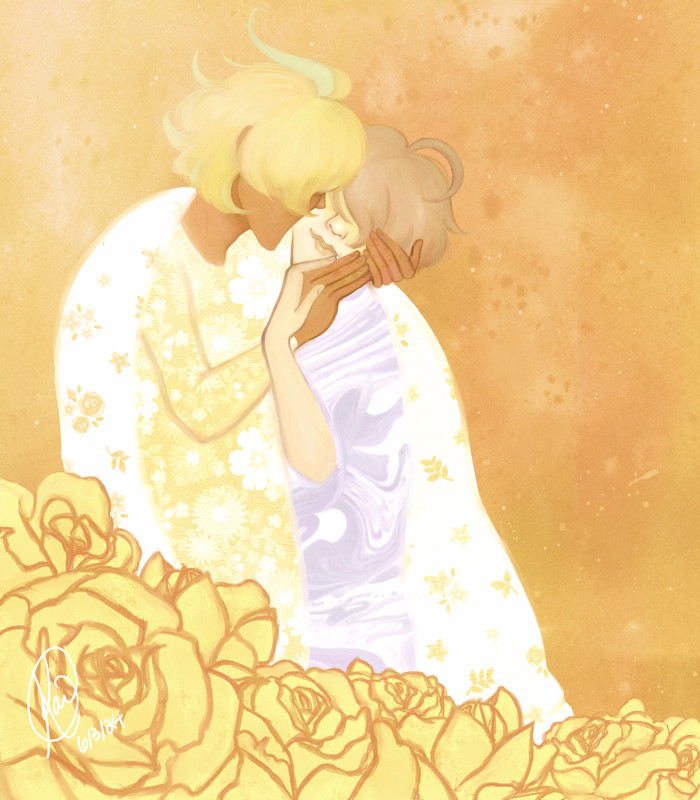 An illustration featuring Izanami Hifumi/Yumeno Gentaro (Hypnosis Mic) based on 'The Kiss' by Gustav Klimt. The intimate atmosphere is highlighted by the warm, yellow tones of the painting. Hifumi holds Gentaro's head in his hands and presses a kiss to Gentaro's cheek, the two surrounded by yellow roses. However, Gentaro's eyes are covered by his bangs and he wears a smirk on his face.