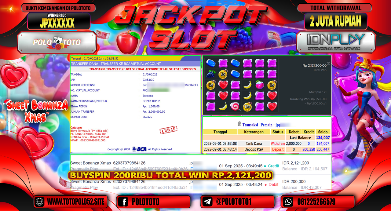 POLOTOTO JACKPOT SLOT SWEET BONANZA XMAS Rp.2.000.000,-
