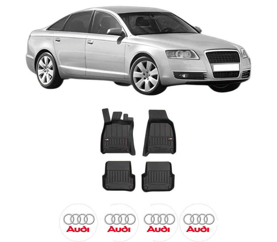 Set covorase presuri AUDI A6 | C6 din 2015-2019, auto, din cauciuc thermoplastic, 4 Stickere auto cu AUDI