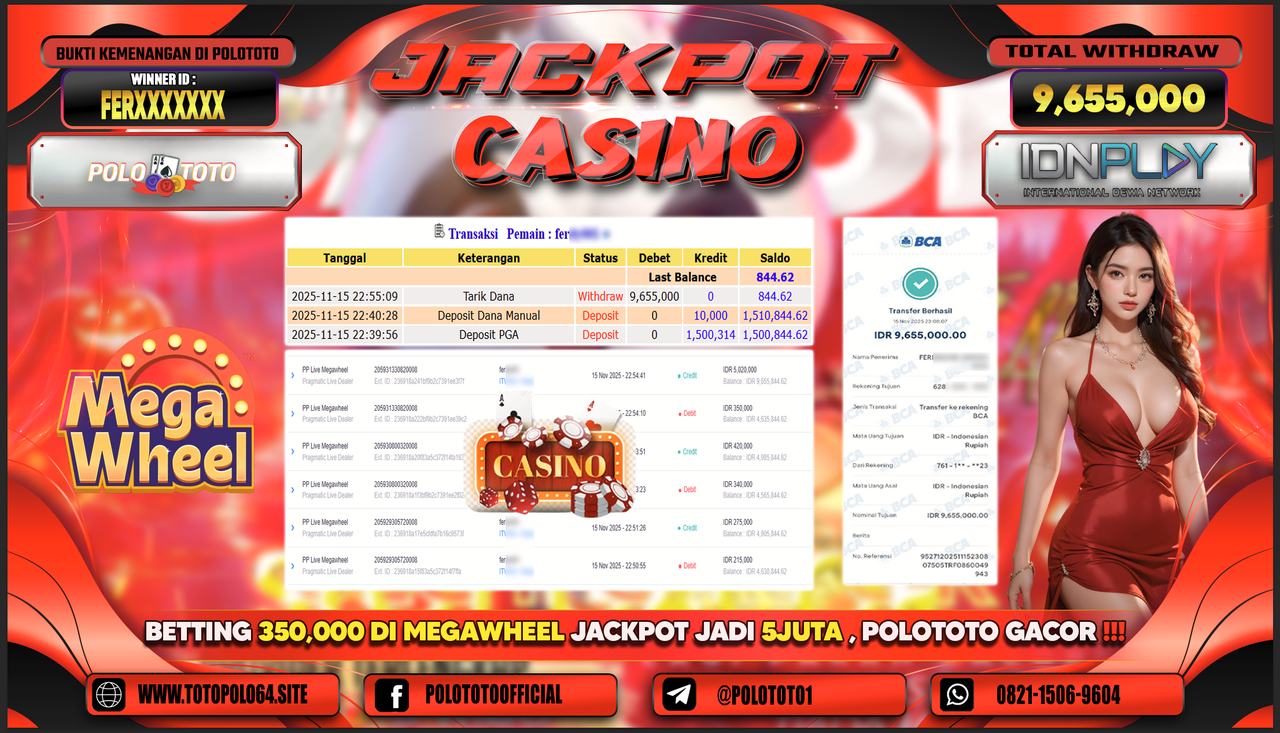 POLOTOTO JACKPOT CASINO PP LIVE MEGAWHEEL Rp.9.655.000,- LUNAS
