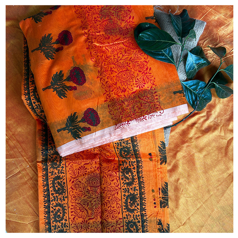 Hand Block Printed Orange Saree with Red Flower Butti
