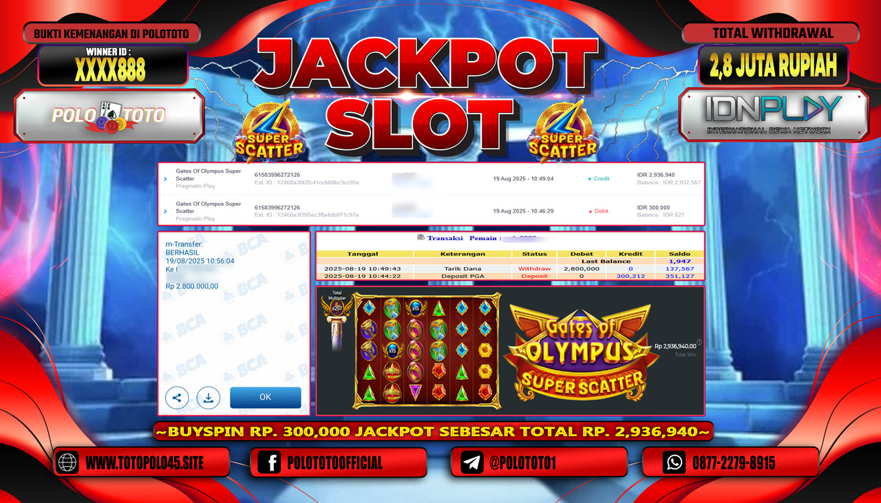 POLOTOTO JACKPOT SLOT GATES OF OLYMPUS SUPER SCATTER Rp.2.800.000,- LUNAS