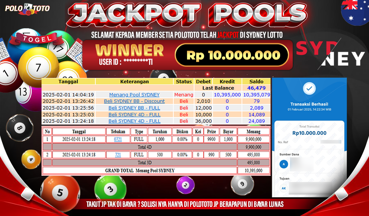 POLOTOTO JACKPOT TOGEL SYDNEY LOTTO Rp.10,000.000,-