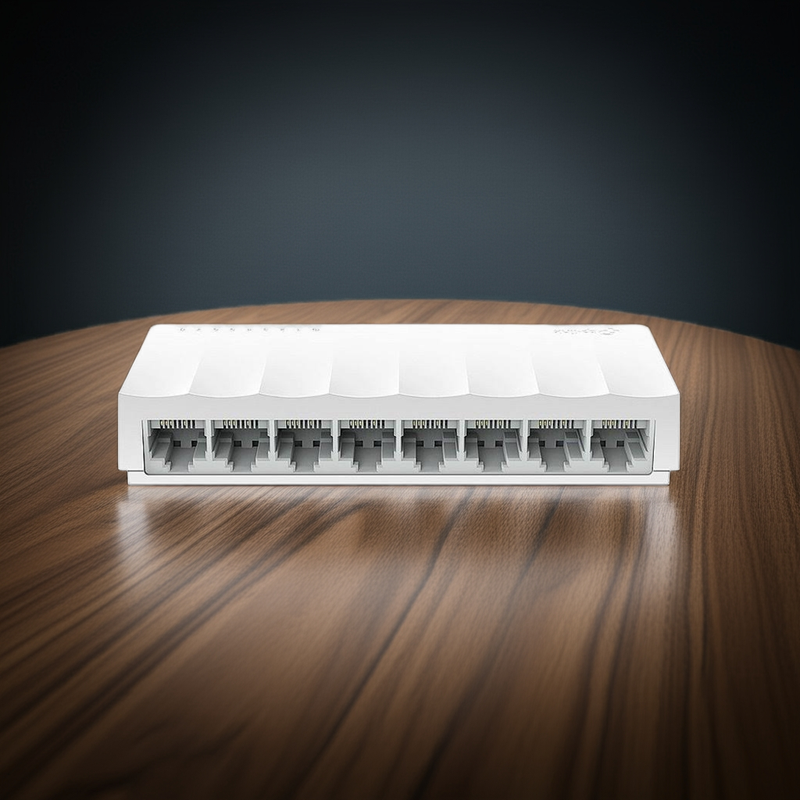 Switch TP-Link LS1008 em um ambiente de escritório, demonstrando seu tamanho reduzido.