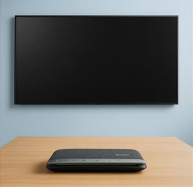 Monitor exibindo apresentação em sala de reunião