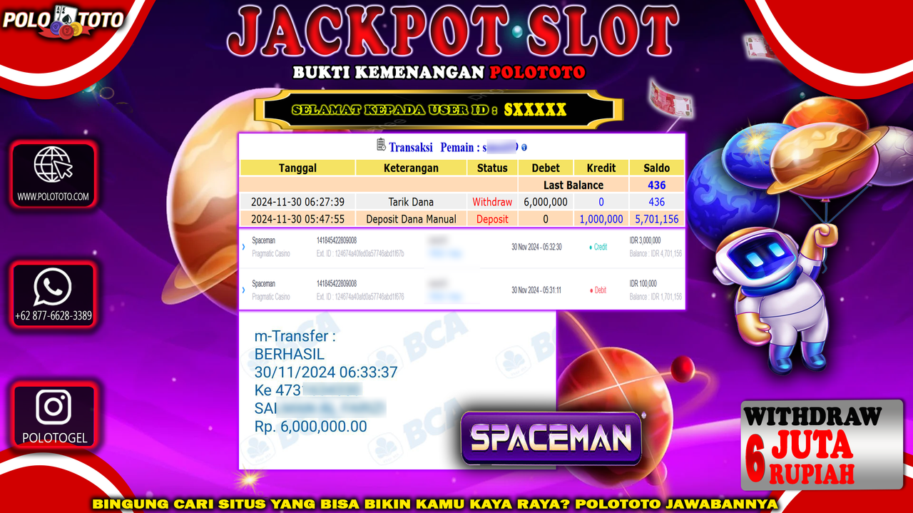 POLOTOTO JACKPOT LIVE GAME SPACEMAN Rp.6,000.000,-