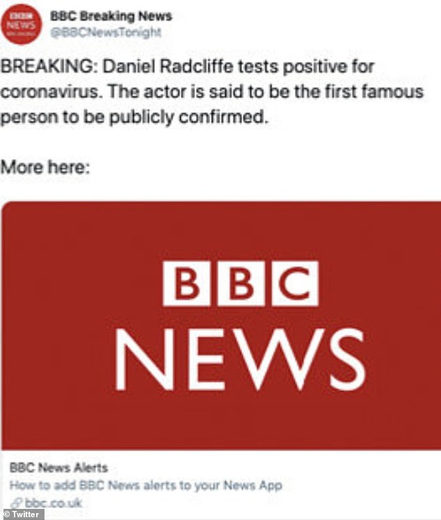 Bintang Harry Potter, 30, mendapati dia berada di tengah badai media sosial setelah laporan palsu yang dibagikan melalui akun BBC palsu @BBC NewsTonight