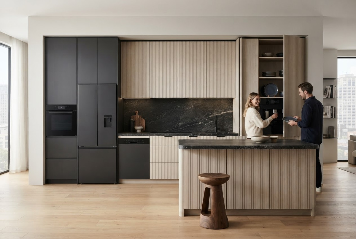 Кухни по индивидуальным размерам MIXX Plisse с древесными фасадами, высокими панелями и островом в частном доме.