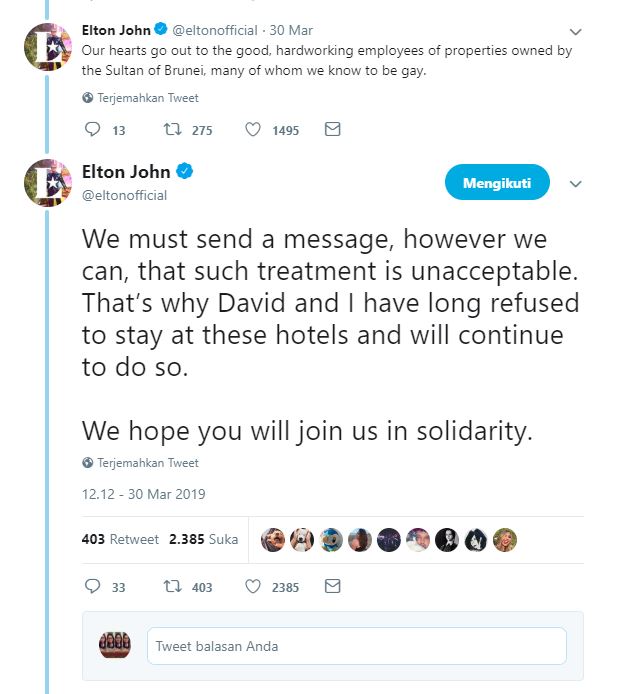 Cuitan elton John di twitternya