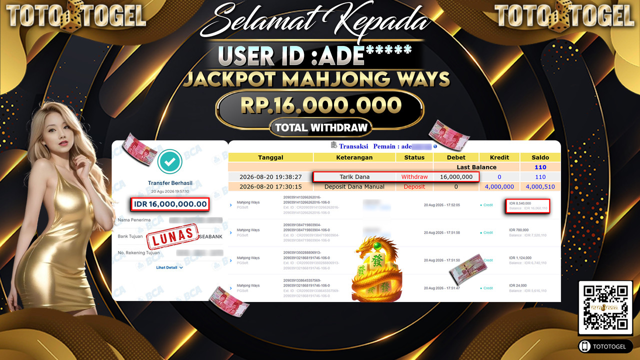 Bukti Pembayaran Jackpot Slot Mahjong Ways ID:ADE*****LUNAS